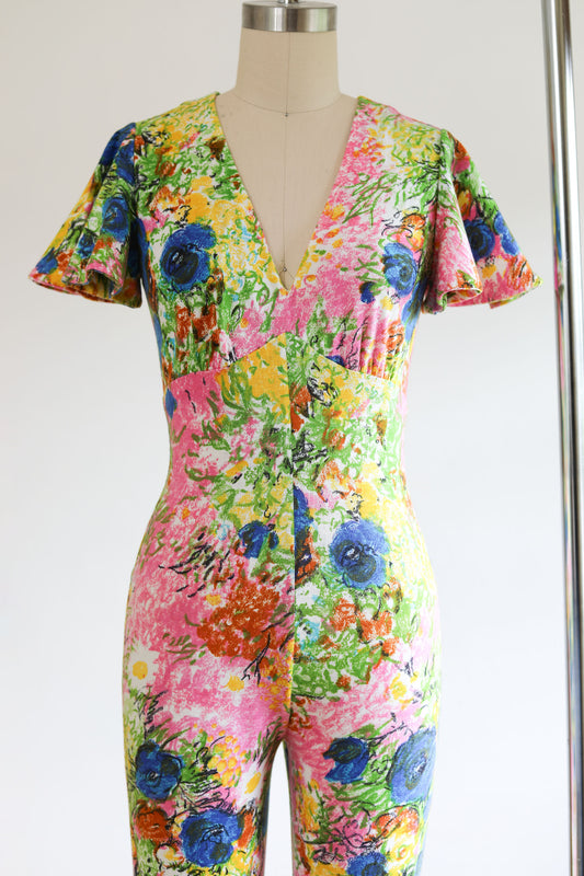 Vintage 1970s Jumpsuit - CUTE Soft Cotton T-Shirt Jersey Catsuit w Candy Shop Floral Print Size XS to S