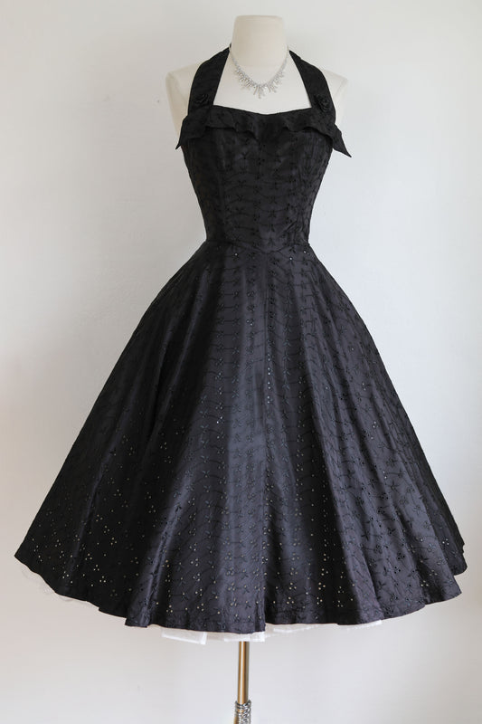 Vintage 1950s Dress - Black Embroidered Eyelet Taffeta Halter Princess Sundress w Circle Skirt + Roses Size XS to S