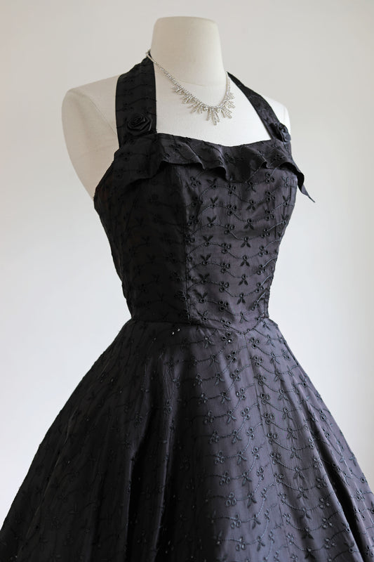 Vintage 1950s Dress - Black Embroidered Eyelet Taffeta Halter Princess Sundress w Circle Skirt + Roses Size XS to S