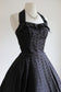 Vintage 1950s Dress - Black Embroidered Eyelet Taffeta Halter Princess Sundress w Circle Skirt + Roses Size XS to S