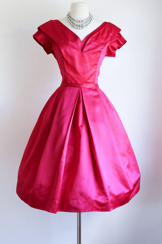 Vintage 1960s Dress - Stunning Bright Fuchsia Satin Designer Princess Party Dress Size S to M