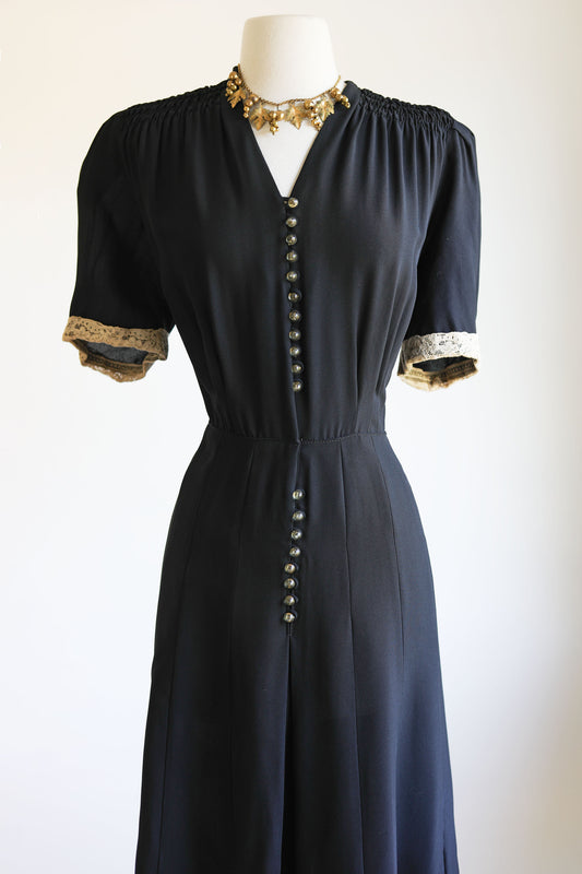Vintage 1930s to 1940s Dress - Volup! Black Rayon Mesh Summer Goth Shirtwaist w Celluloid Buttons Size L to XL