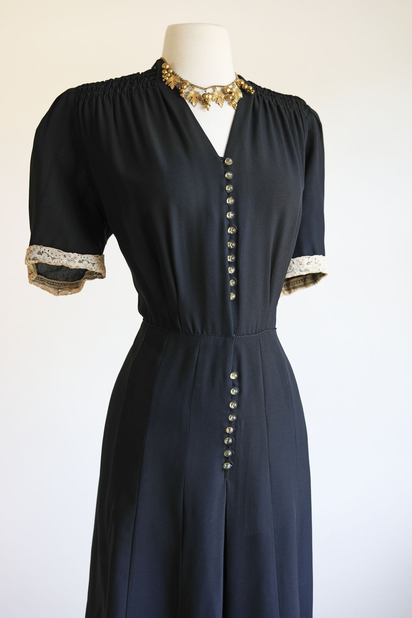 Vintage 1930s to 1940s Dress - Volup! Black Rayon Mesh Summer Goth Shirtwaist w Celluloid Buttons Size L to XL