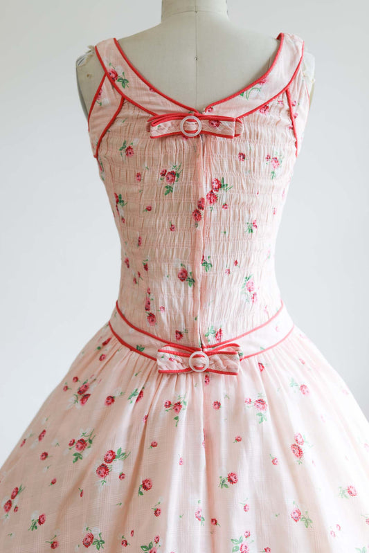Vintage 1940s to 1950s Sundress - DREAMY Cotton Gauze Pink Rose Print w Smocking Dress Size XS to S