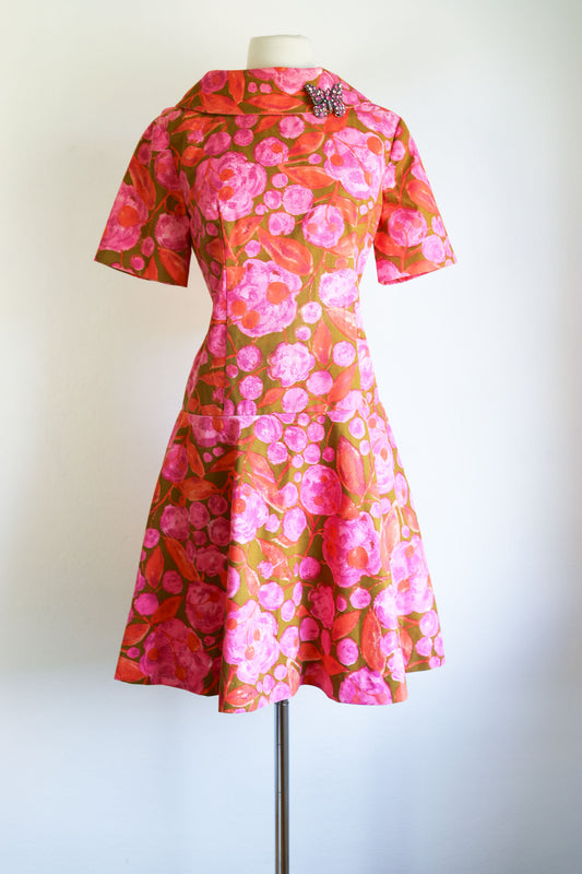 Vintage 1960s Dress - Orange Candy Pink Olive Charming Cowl Cotton Party Shift Size M to L