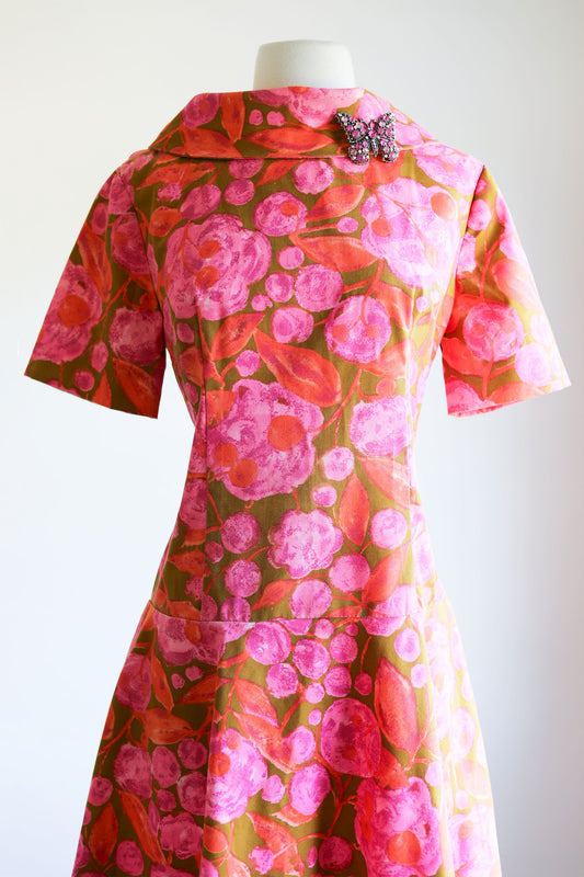 Vintage 1960s Dress - Orange Candy Pink Olive Charming Cowl Cotton Party Shift Size M to L
