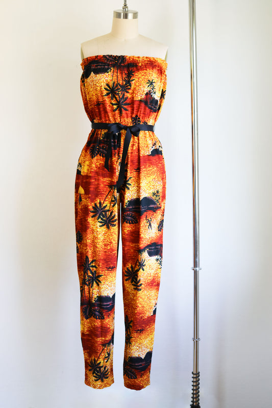 Vintage 1970s Jumpsuit - Hawaiian Novelty Print Spear Fishers Sunset Cotton Cigarette Pants Romper Size XS to M