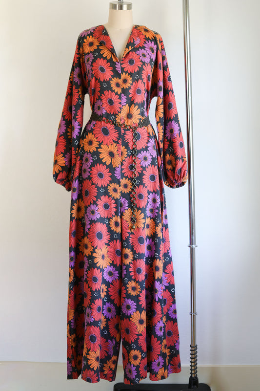 Vintage 1970s Jumpsuit - Volup! Dramatic Black Orange Purple Mod Daisy Print Palazzo Wide Leg Romper Size L to XL