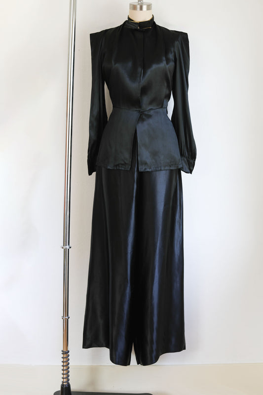 Vintage 1930s to 1940s Wide Leg Pajama Set - NOS! Glossy Black Satin w Gold Bowtie Jacket Palazzo Pants Size M to L
