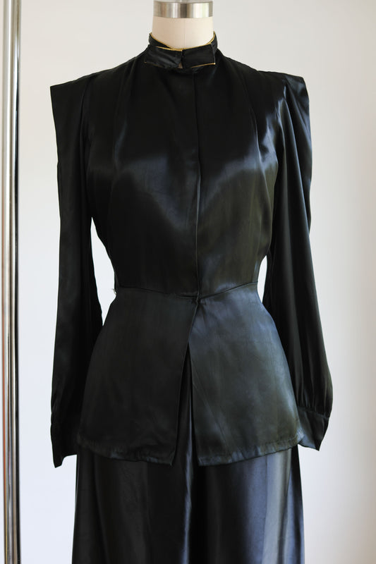 Vintage 1930s to 1940s Wide Leg Pajama Set - NOS! Glossy Black Satin w Gold Bowtie Jacket Palazzo Pants Size M to L