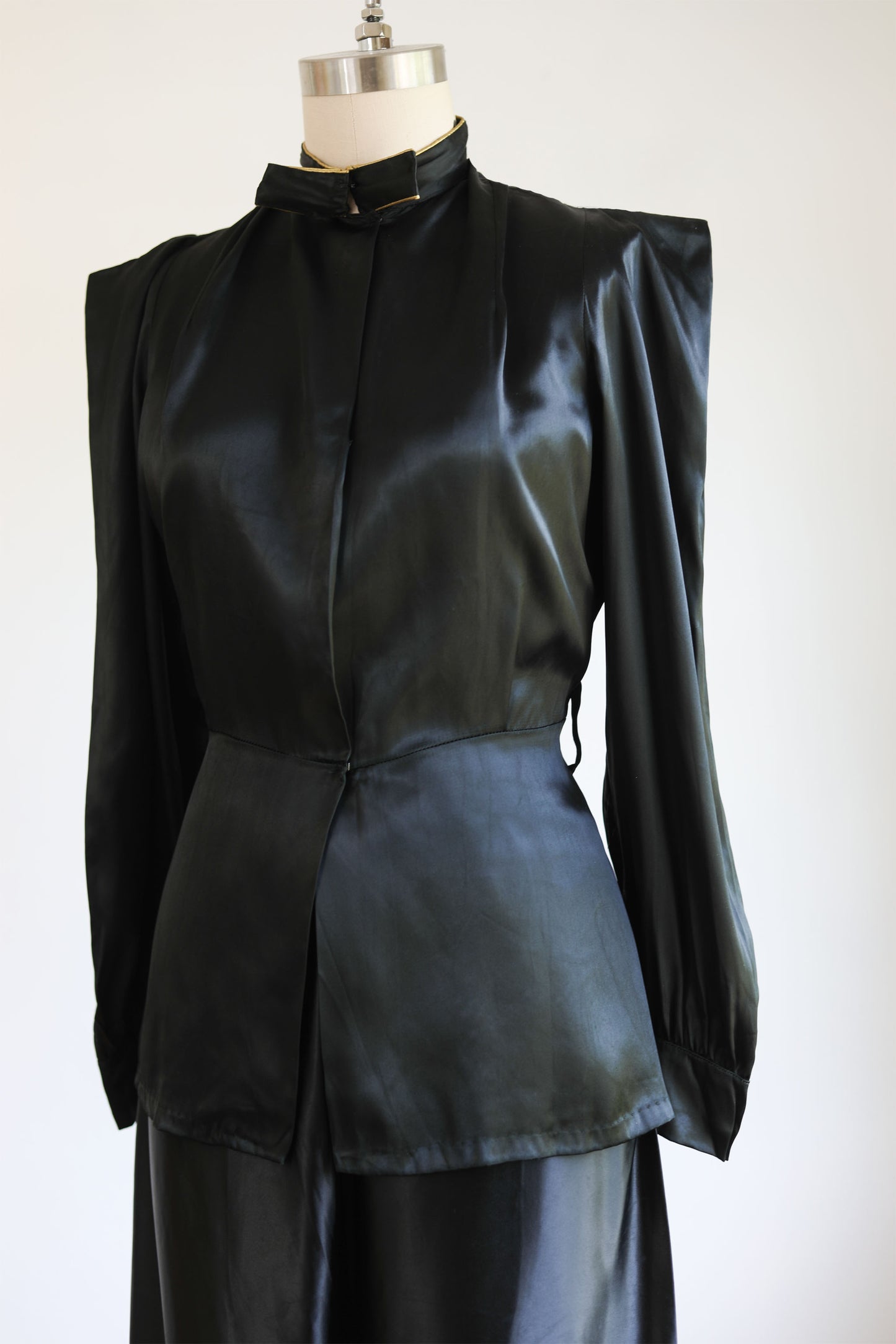 Vintage 1930s to 1940s Wide Leg Pajama Set - NOS! Glossy Black Satin w Gold Bowtie Jacket Palazzo Pants Size M to L