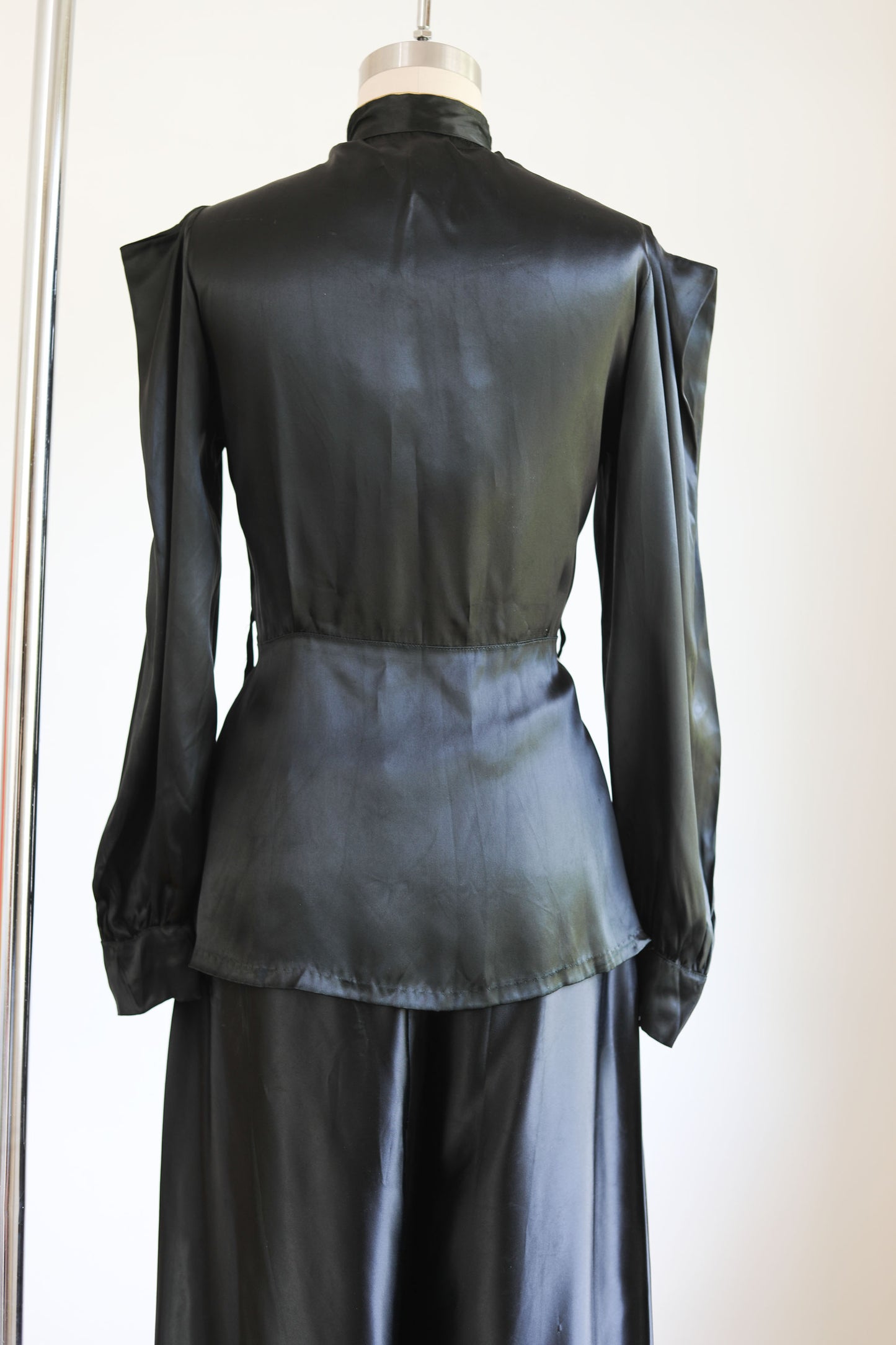 Vintage 1930s to 1940s Wide Leg Pajama Set - NOS! Glossy Black Satin w Gold Bowtie Jacket Palazzo Pants Size M to L