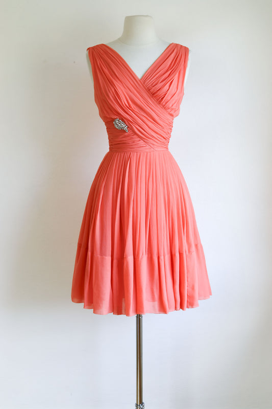 Vintage 1960s Dress - Coral Silk Designer Chiffon Olive Grecian Goddess Party Cocktail Sundress Size XS to S