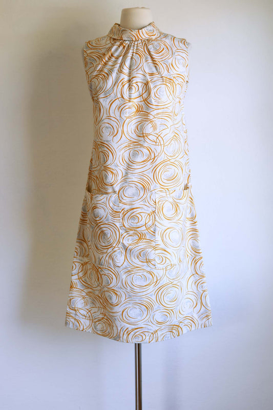 Vintage 1960s Dress - DEADSTOCK Novelty Cotton Tornado Print Mustard + Grey Mod w Pockets Shift Size M