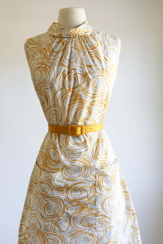 Vintage 1960s Dress - DEADSTOCK Novelty Cotton Tornado Print Mustard + Grey Mod w Pockets Shift Size M