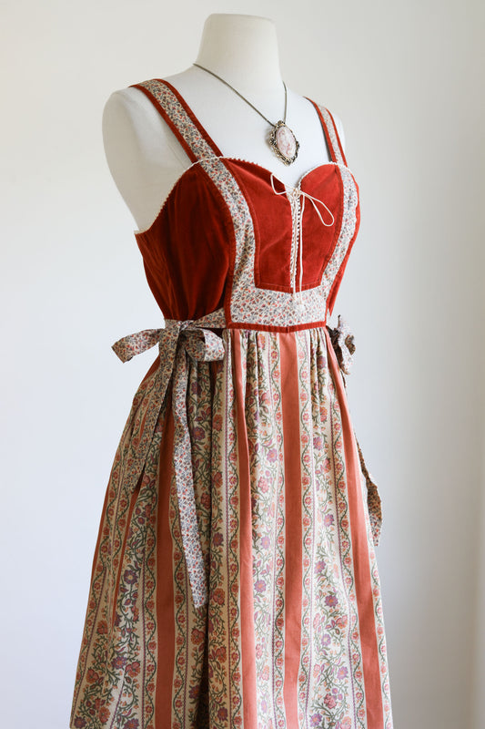 Vintage 1970s Dress - Amazing Candi Jones Prairie Corset Lace Velvet Calico Cotton Sundress Size S to M