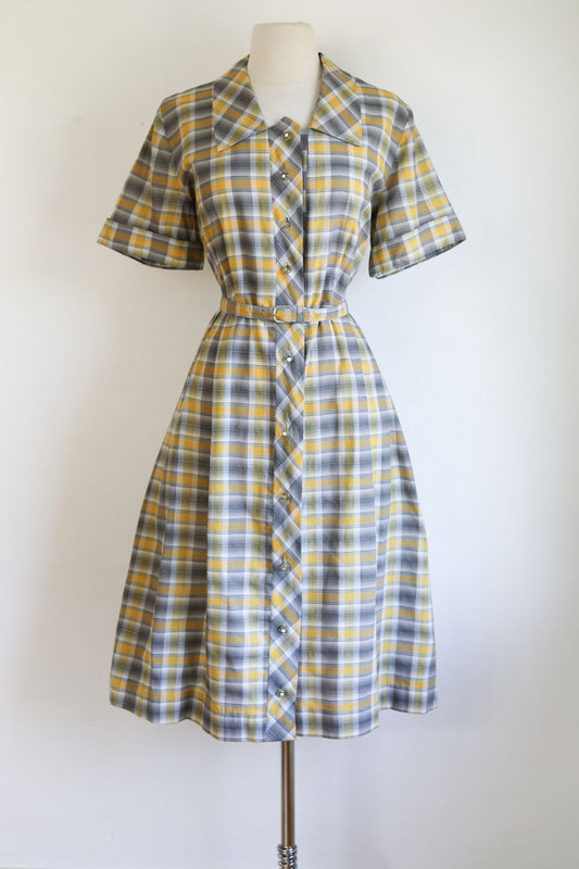 Vintage Early 1950s Coat Dress - Mustard Grey Gold Ombre Shadow Plaid Shirtwaist Size L to XL