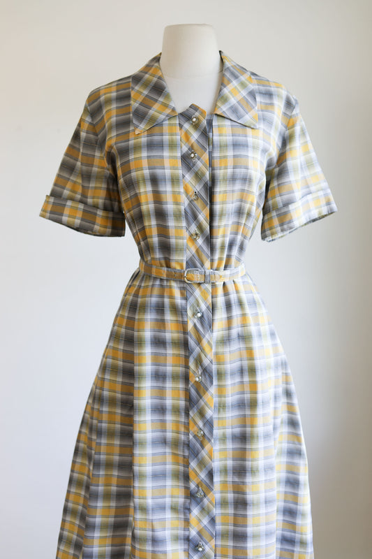 Vintage Early 1950s Coat Dress - Mustard Grey Gold Ombre Shadow Plaid Shirtwaist Size L to XL