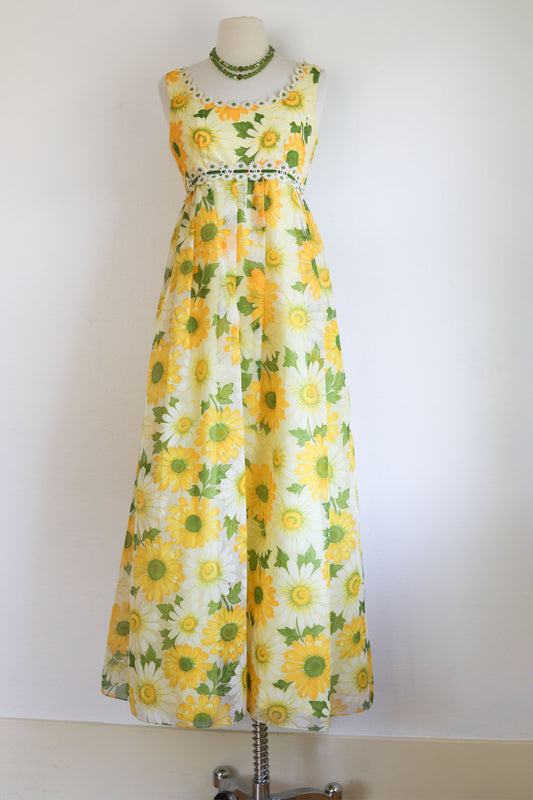 Vintage 1960s Maxi Dress - Spectacular Citrus Daisy Print Organza Summer Gown w Velvet Size S to M