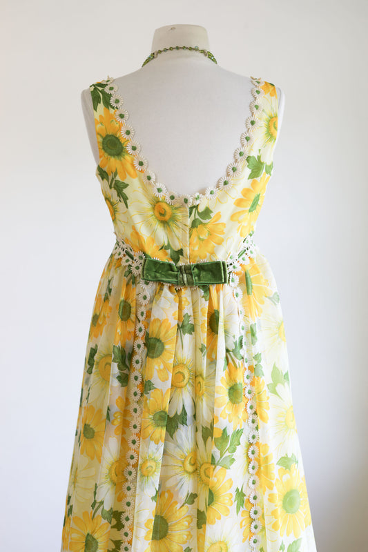 Vintage 1960s Maxi Dress - Spectacular Citrus Daisy Print Organza Summer Gown w Velvet Size S to M