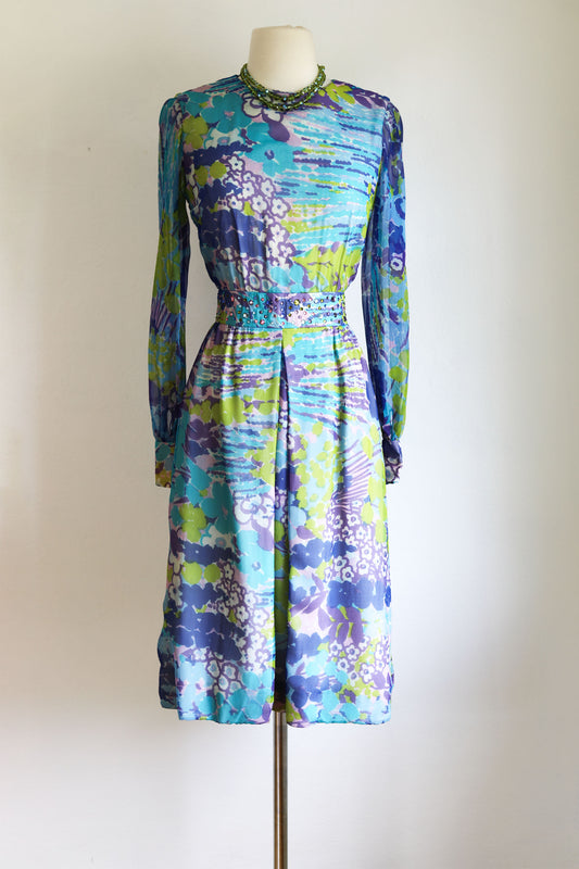 Vintage 1960s Cocktail Dress - Sublime Floral Silk Abe Schrader Designer Party w Colorful Rhinestones Size S to M