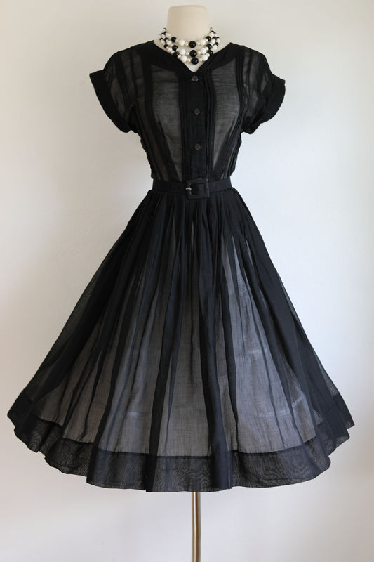 Vintage 1950s Dress - Black Voile Cotton Summer Goth Pintucked Shirtwaist Size M