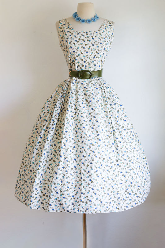 Vintage 1950s Sundress - Ivory Blue Olive Rose Print Triple-Strap Tea Length Skirt Dress Size M