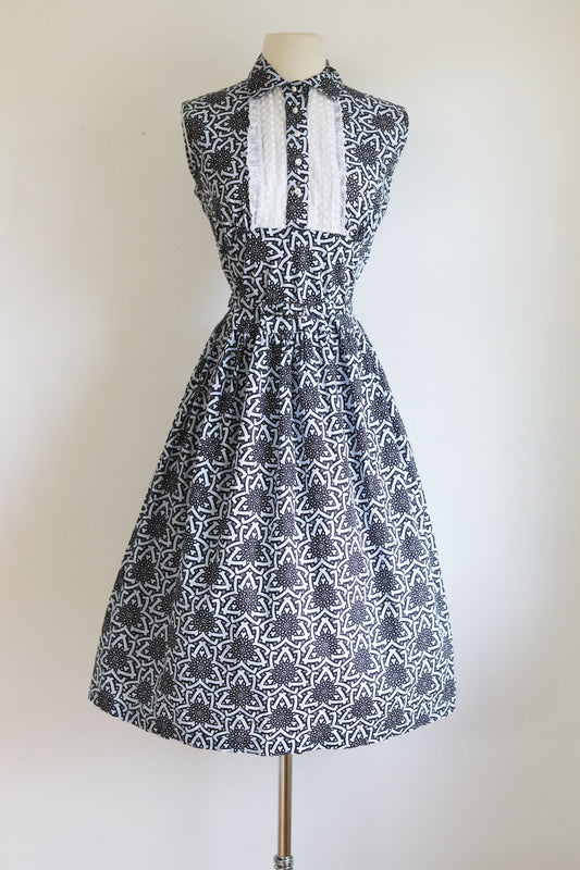 Vintage 1950s Sundress - Blue Black Cotton Eyelet Mandala Print Full Skirt Shirtwaist Dress Size M to L