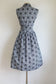 Vintage 1950s Sundress - Blue Black Cotton Eyelet Mandala Print Full Skirt Shirtwaist Dress Size M to L