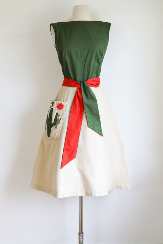 Vintage 1960s Novelty Dress - Adorable Lorch of Dallas Designer Cactus Sun Cotton Linen Belted Sundress Size XS to S