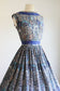 Vintage 1950s to 1960s Dress - Stunning Blue Baroque Print Cotton Full Skirt Sundress Size M to L