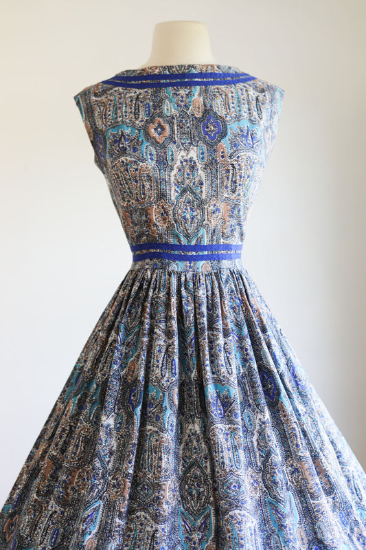 Vintage 1950s to 1960s Dress - Stunning Blue Baroque Print Cotton Full Skirt Sundress Size M to L