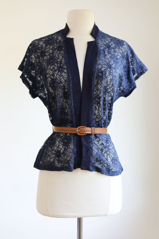 Vintage 1940s Blouse - Navy Sheer Lace Butcher Linen Jacket or Top Size S to M