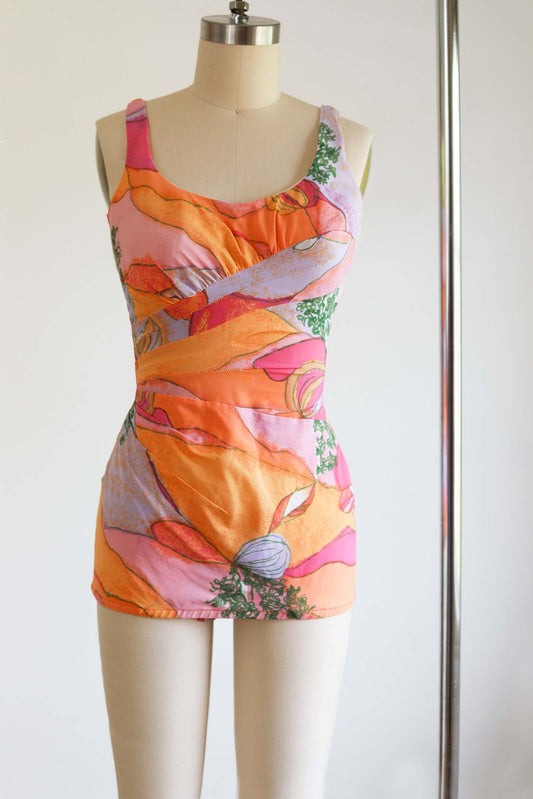 Vintage 1950s to 1960s Swimsuit - CATALINA Draped Rainbow Sorbet Colors Power-Net Bathing Suit Size M