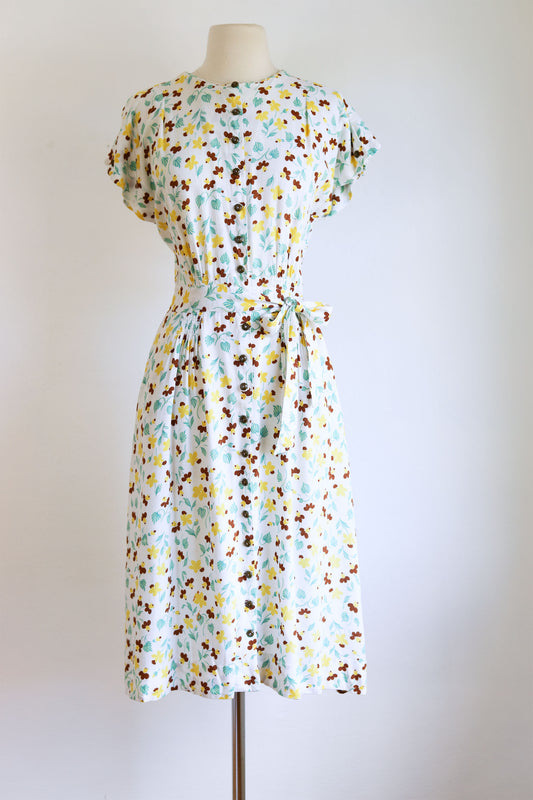 Vintage 1940s Dress - Soft Rayon Yellow Jade Tan Floral Sundress w Bakelite Buttons Size M