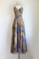 Vintage 1970s Sundress + Cape - Gauzy Cotton Tan w Blue Irises Peonies 1930s Inspo Summer Halter Gown Dress Size XS