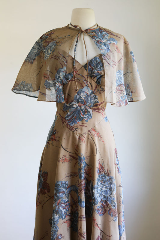 Vintage 1970s Sundress + Cape - Gauzy Cotton Tan w Blue Irises Peonies 1930s Inspo Summer Halter Gown Dress Size XS