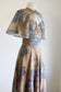 Vintage 1970s Sundress + Cape - Gauzy Cotton Tan w Blue Irises Peonies 1930s Inspo Summer Halter Gown Dress Size XS