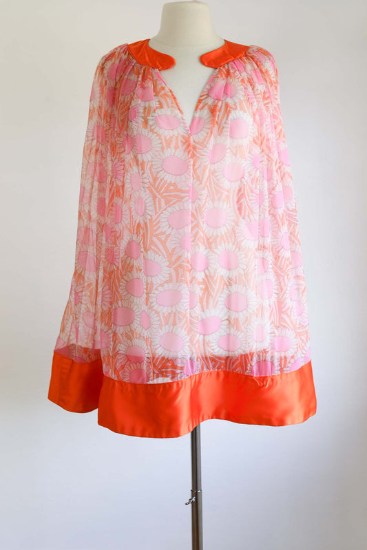 Vintage 1960s Sundress or Cover-Up - FUN! Tangerine + Pink Daisy Chiffon + Satin Babydoll Mini Dress Suits Many Size XS to XL