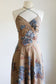 Vintage 1970s Sundress + Cape - Gauzy Cotton Tan w Blue Irises Peonies 1930s Inspo Summer Halter Gown Dress Size XS