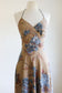 Vintage 1970s Sundress + Cape - Gauzy Cotton Tan w Blue Irises Peonies 1930s Inspo Summer Halter Gown Dress Size XS