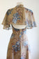 Vintage 1970s Sundress + Cape - Gauzy Cotton Tan w Blue Irises Peonies 1930s Inspo Summer Halter Gown Dress Size XS