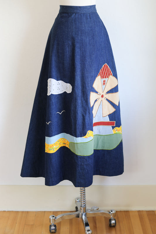 Vintage 1970s Art Skirt - Boutique Designer Novelty Appliqué Coastal A-line Denim Maxi Skirt Size XS to S