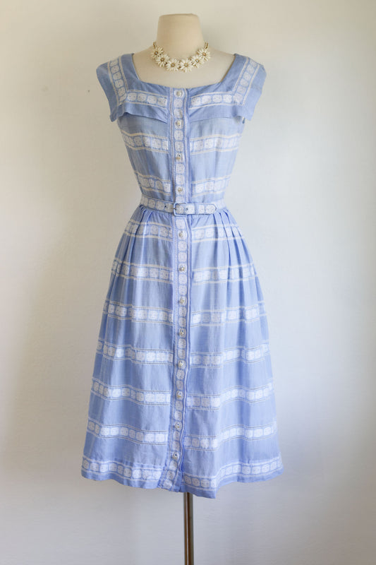 Vintage 1940s to 1950s Sundress - Breezy Pale Blue Cotton Chambray Coat Dress Size XS