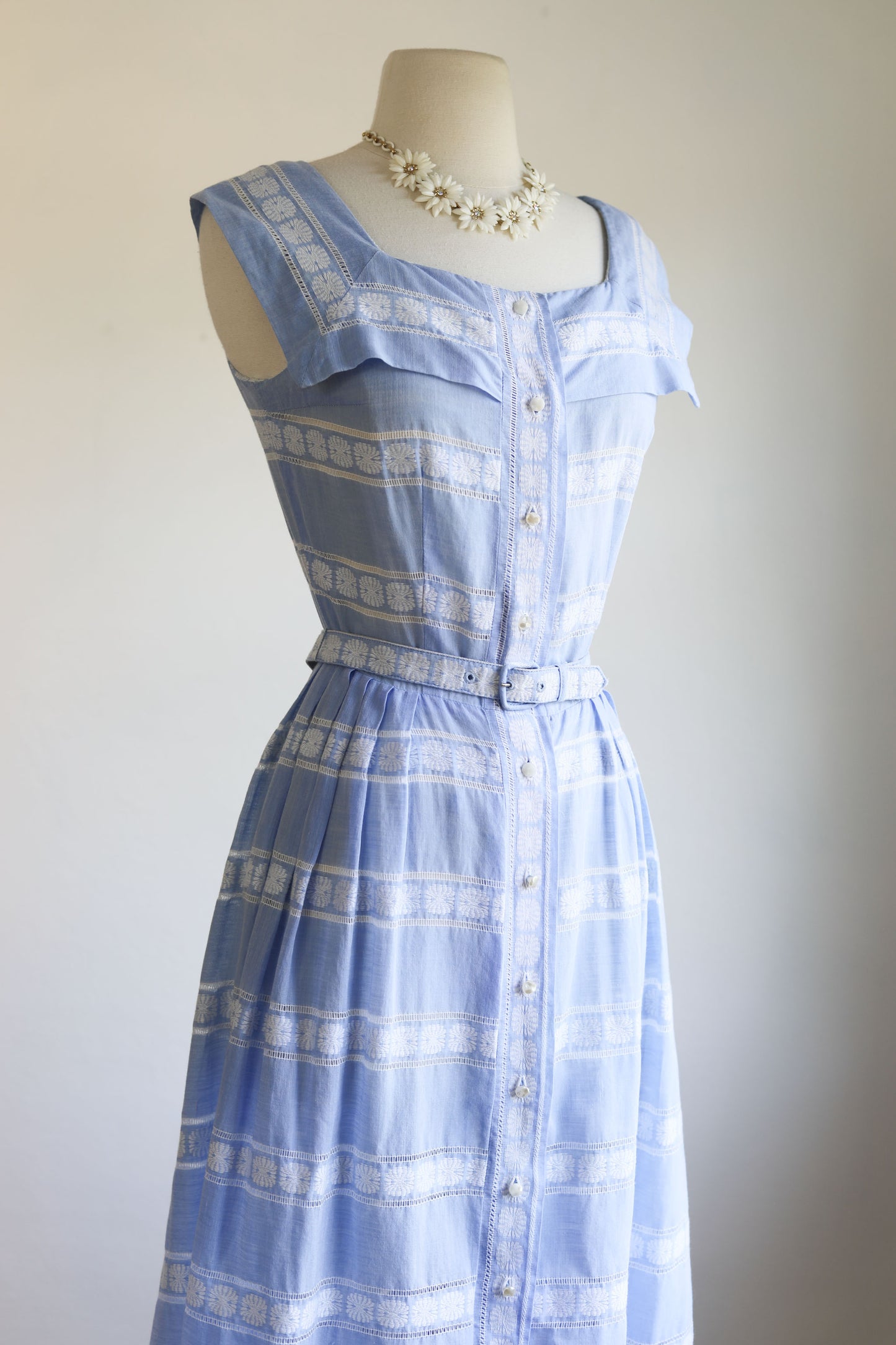 Vintage 1940s to 1950s Sundress - Breezy Pale Blue Cotton Chambray Coat Dress Size XS