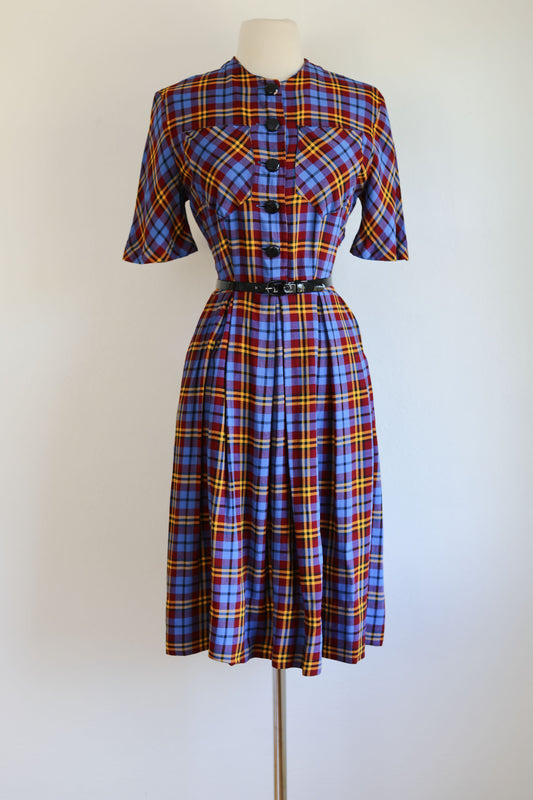 Vintage 1940s Dress - Jaunty Maroon + Blue Plaid Rayon Shirtwaist w Deco Pockets Size M to L