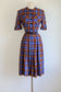Vintage 1940s Dress - Jaunty Maroon + Blue Plaid Rayon Shirtwaist w Deco Pockets Size M to L