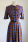 Vintage 1940s Dress - Jaunty Maroon + Blue Plaid Rayon Shirtwaist w Deco Pockets Size M to L