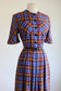 Vintage 1940s Dress - Jaunty Maroon + Blue Plaid Rayon Shirtwaist w Deco Pockets Size M to L