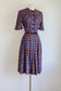 Vintage 1940s Dress - Jaunty Maroon + Blue Plaid Rayon Shirtwaist w Deco Pockets Size M to L